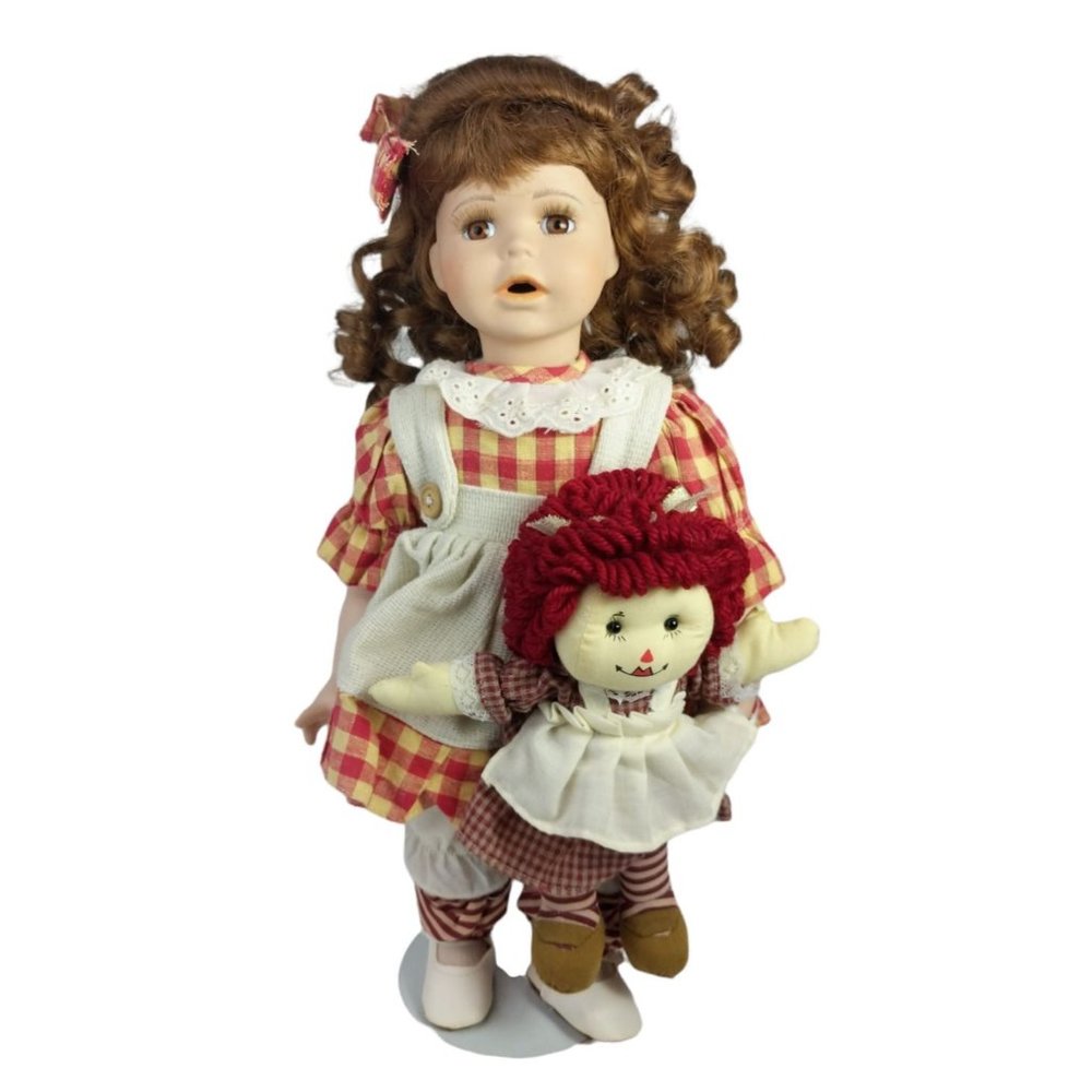 TL Toys Raggedy Ann Porcelain Doll with Stuffed Doll 16 inch Bisque Porcelain
